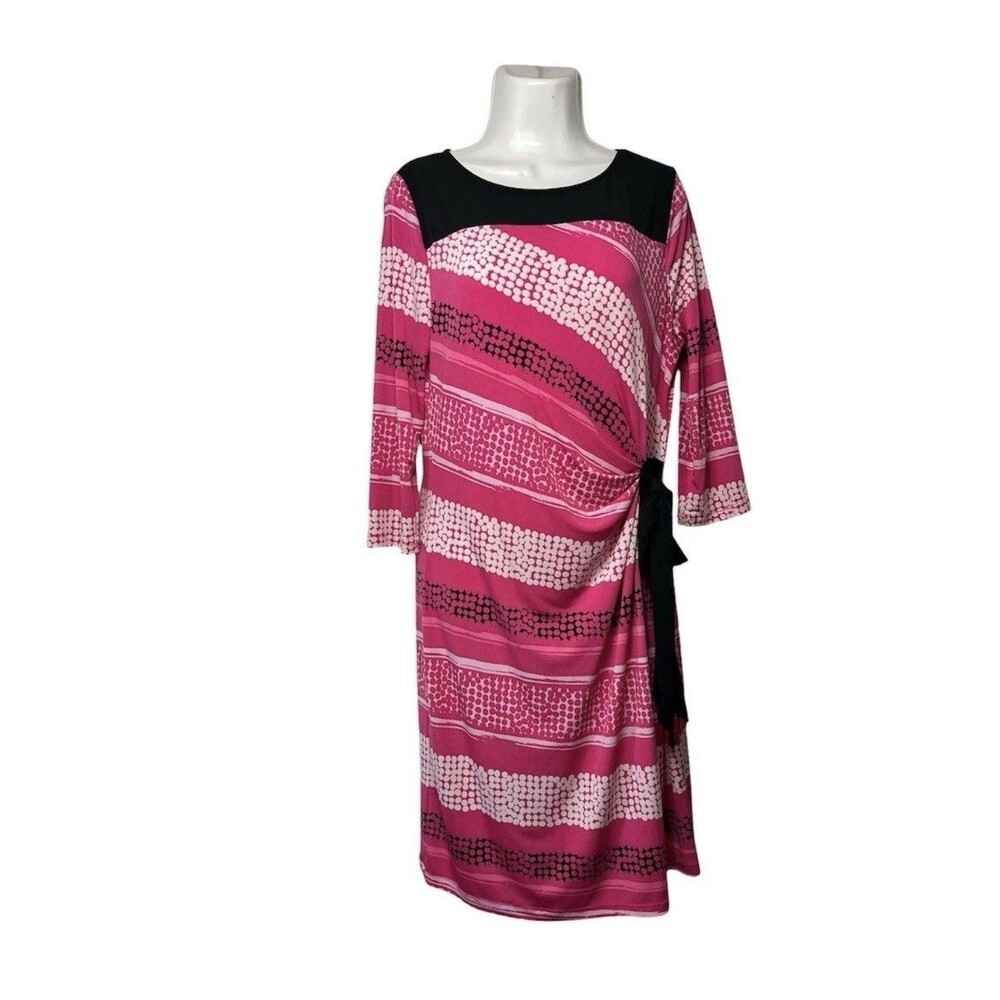 New York & Company Sheath Dress L Pink Geometric Scoop Neck Long Sleeve Tie Belt